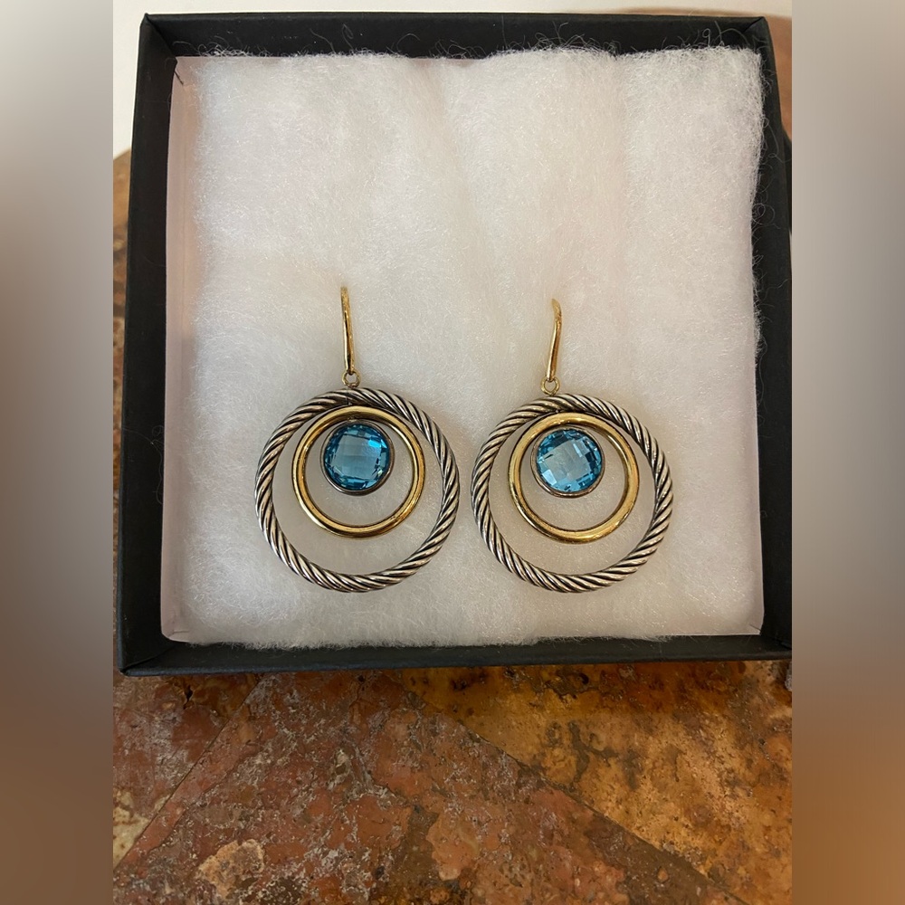 Rare Authentic David Yurman 18K Sterling silver Blue Topaz earrings - Picture 3 of 6